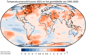 Temperatuurverschil (lucht op 2m hoogte) tussen 2021 en het langjarig gemiddelde van 1991-2020.