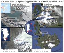 Locaties waar de eigenschappen van rode sneeuw zijn onderzocht