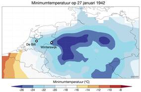 Kaart van de minimumtemperatuur op 27 januari 1942