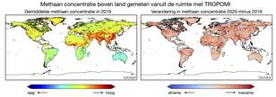 Methaan concentratie in 2019 en het verschil tussen 2020 en 2019