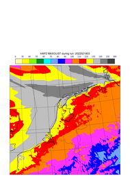 De verwachte maximale windstoot van HARMONIE op 18 februari 2022 in km/uur, gebaseerd op de run van 18 februari 2022