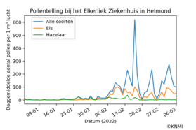 Grafiek met gemeten pollenconcentratie in Helmond in 2022
