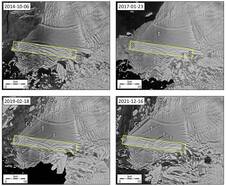 Satellietbeelden in 4 verschillende jaren waarop barsten in de ijsplaat van de Thwaites gletsjer zichtbaar zijn