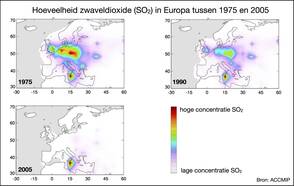 Drie kaartjes van Europa voor 1975, 1990 en 2005 met in kleur de hoeveelheid zwaveldioxide volgens modelberekeningen.