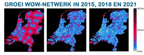 3 kaarten met de groei van het WOW-netwerk in Nederland in 2015, 2018 en 2021
