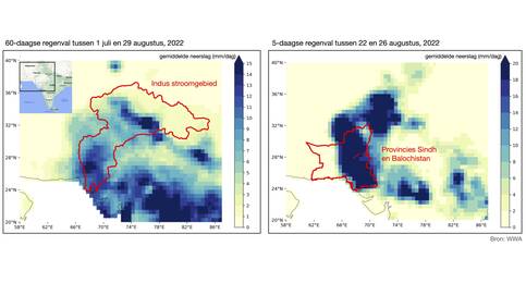 Twee kaartjes van Pakistan met in kleuren de gemiddelde neerslag tijdens de 60-daagse periode van 1 juli tot 29 augustus 2022 en tijdens de 5-daagse periode van 22 tot 26 augustus 2022