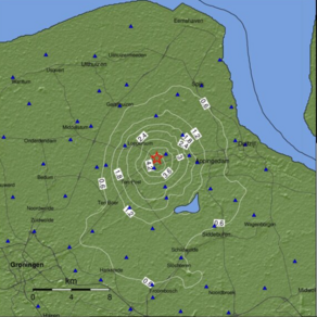 De shakemap geeft de effecten aan het aardoppervlak weer van de beving. 