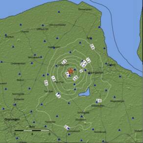 De shakemap geeft de effecten aan het aardoppervlak weer van de beving. 