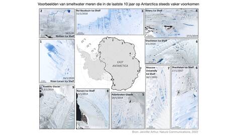 Foto's van smeltwater meren op de Antarctische IJskap