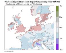Kaart van Europa met in kleur de datum waarop de gemiddeld koudste dag viel in de periode 1950-2021.