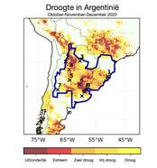 Kaart met in kleur de ernst van de droogte in Argentinië in oktober-november-december 20022