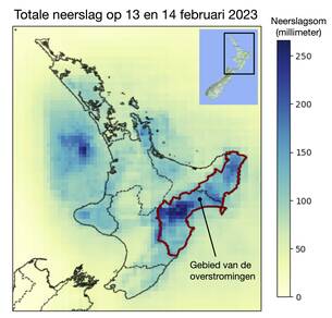 Kaart met in kleur de hoeveelheid regen op 13 en 14 februari 2023