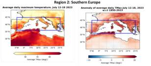 Figuur 2: Maximumtemperaturen in juli gemiddeld over de lengte van de hittegolven die voor deze studie zijn gedefinieerd (linkerzijde) en dezelfde maar dan uitgedrukt in anomalieën ten opzichte van 1950-2023 (rechterzijde).  Zuid-Europa 
