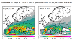 Kaart van Europa met in in kleur het gemiddeld aantal uur per jaar met hagelbuien met stenen groter dan 2 cm (links) of 5 cm (rechts) in de periode 1950-2021, berekend op basis van een relatie tussen waargenomen hagelstenen en weergegevens.
