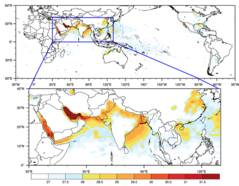 Ruimtelijke verdeling van de hoogste dagelijkse maximale natteboltemperatuur in graden Celsius in de periode 1979-2015.