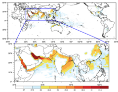Ruimtelijke verdeling van de hoogste dagelijkse maximale natteboltemperatuur in graden Celsius in de periode 1979-2015.