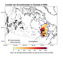 Figuur 2. Locatie van de bosbranden in Canada van januari tot en met juli 2023. In het studiegebied in het oosten van Canada is in kleur de som weergegeven van de Daily Severity Rate opgeteld van 1 januari tot en met 31 juli 2023. Bron: WWA