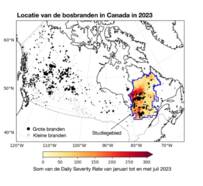 Figuur 2. Locatie van de bosbranden in Canada van januari tot en met juli 2023. In het studiegebied in het oosten van Canada is in kleur de som weergegeven van de Daily Severity Rate opgeteld van 1 januari tot en met 31 juli 2023. Bron: WWA