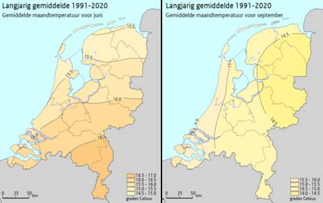 Gemiddelde temperatuur in Nederland in juni (links) en september (rechts) in het huidige klimaat (1991-2020).