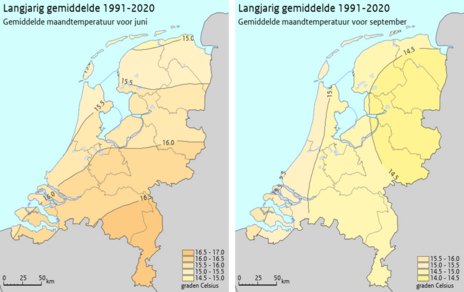 Gemiddelde temperatuur in Nederland in juni (links) en september (rechts) in het huidige klimaat (1991-2020).