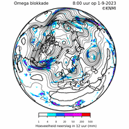 Animatie van de omega blokkade en de extreme neerslag in Spanje, Griekenland, Turkije, Bulgarije en Libië. 
