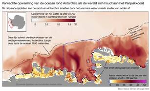 Kaart met in kleur de opwarming van het oceaanwater op 200 tot 700 meter diepte en het van onderaf afsmelten van ijsplaten in West-Antarctica berekend voor de periode 2006 tot 2100. 