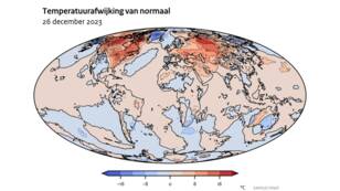  Animatie van de temperatuur per dag als afwijking van de gemiddelde temperatuur in januari in de periode 1991-2020. Van tweede kerstdag 2023 tot 13 januari 2024. Geplot op een wereldkaart.