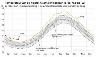 Lijngrafiek met op de x-as de maanden van het jaar en de y-as de temperatuur van de Noord-Atlantische oceaan vanaf 1 januari 1981 tot 28 februari 2024. 