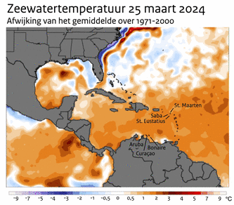 Kaart met in kleur de temperatuur van de noord-atlantische oceaan op 25 maart 2024.