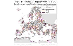 Kaart met in kleur de locatie van rivieren waar de rivierafvoer boven de ‘hoge’ (5-jaar herhalingstijd, oranje) en ‘extreem hoge’ (20-jaar herhalingstijd, paars) overstromingsdrempelwaarde is gekomen gedurende minimaal 1 dag in 2023.
