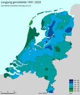 Kaart van Nederland met langjarig (1991-2020) gemiddelde neerslag in juni