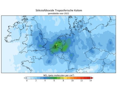 OMI-metingen boven Europa laten een positieve verandering van de luchtkwaliteit zien. Deze afbeelding laat het gemiddelde NO2 concentratie van 2022 zien. 