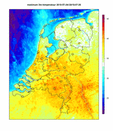 Kaart van Nederland met in kleur de 3-daags gemiddelde maximumtemperatuur tijdens de hittegolf van 2019 zoals waargenomen en in een 2 graden warmere wereld. ©KNMI. 