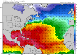 Figuur 2: zeewatertemperatuur in de Atlantische oceaan op 9 september. Een orkaan heeft een zeewatertemperatuur nodig van minstens 27 graden om te kunnen vormen en sterker te worden; een waarde die in een groot deel van de Atlantische oceaan bereikt wordt