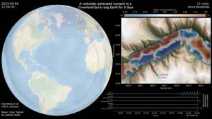 Figuur 2: (links) Locatie van de Dickson Fjord (rode ster) op Groenland. De landverschuiving zorgde voor een seiche in de Dickson fjord die negen dagen duurde en koppelde als seismische golf. Bron: Stephen Hicks; Kristian Svennevig; Alexis Marbeouf 