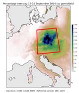 figuur met de hoeveelheid neerslag tussen 12 en 16 september 2024 als percentage van het langjarig (1991-2020) gemiddelde voor september. 
