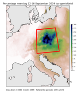 figuur met de hoeveelheid neerslag tussen 12 en 16 september 2024 als percentage van het langjarig (1991-2020) gemiddelde voor september. 