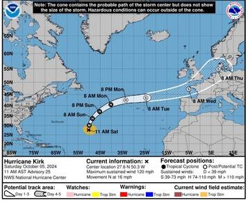 oude kaart van 5 oktober 2024 met de baan die storm Kirk aflegt richting Europa