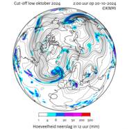 Animatie van de wind op ongeveer 5,5 kilometer hoogte en de hoeveelheid regenval van  20 tot en met 31 oktober 2024.