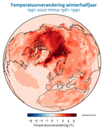 Kaart met in kleur de opwarming van de ons omringende gebieden in de periode 1991-2020 vergeleken met 1961-1990