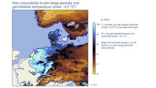 Kaart van Europa met in kleur het relatieve verschil  tussen de langste en gemiddelde lengte van een periode onder -4,2 graden 