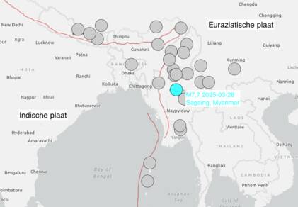 kaart met de aardbeving in Myanmar van 28 maart 2025 en aardbevingen van magnitude 7 en hoger sinds 1900 