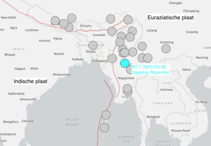 kaart met de aardbeving in Myanmar van 28 maart 2025 en aardbevingen van magnitude 7 en hoger sinds 1900 
