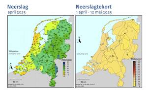 Twee kaartjes van Nederland met in kleur hoeveelheid neerslag in april 2025 en doorlopend potentieel neerslagtekort vanaf 1 april t/m 12 mei 2025.
