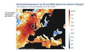 Kaartje van het Europees-Noord-Atlantische gebied met in kleur de afwijking in temperatuur van het zeewateroppervlak ten opzichte van het gemiddelde over 1991-2020 op 23 mei 2025 tijdens de mariene hittegolf.