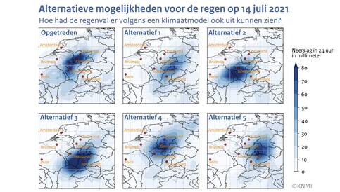 Neerslagkaart van 14 juli met daarnaast 5 alternatieve verhaallijnen