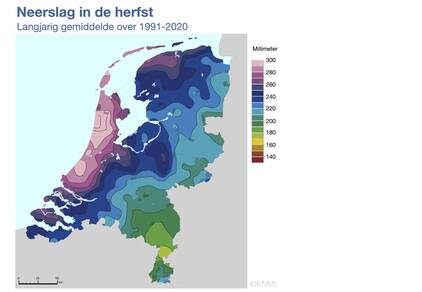 Kaart van Nederland met in kleur de gemiddelde hoeveelheid neerslag in de herfst in de periode 1991-2020