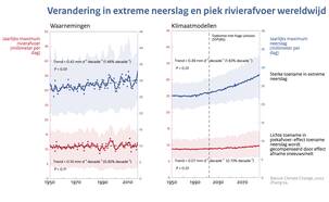 Lijngrafieken van veranderingen in extreme neerslag en hoge rivierafvoeren wereldwijd