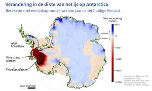 Kaart van Antarctica met in kleur de afname in dikte van het ijs na 1000 jaar onder de huidige klimatologische omstandigheden berekend met een computermodel van de Antarctische ijskap.