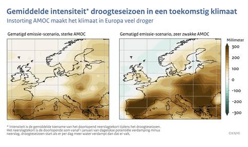 Kaarten van Europa met in kleur de intensiteit van het droogteseizoen voor een toekomstig klimaat onder de aanname van een gematigde uitstoot van broeikasgassen met een sterke AMOC (links) en een zeer verzwakte AMOC (rechts). 